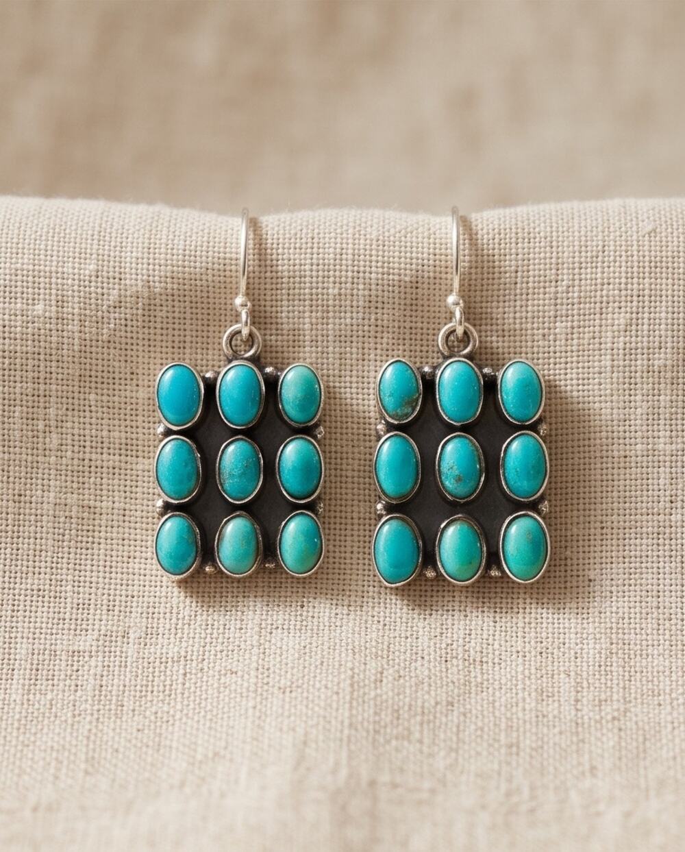 Blue Turquoise Cluster Snake Eyes Oxidized Earrings Sterling 1.5” Long